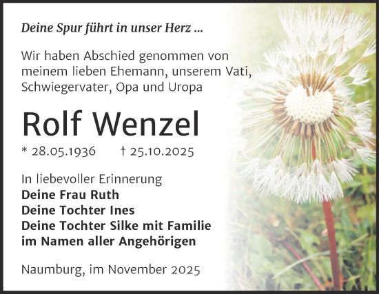 Traueranzeige von Rolf Wenzel von Super Sonntag Naumburg/Nebra