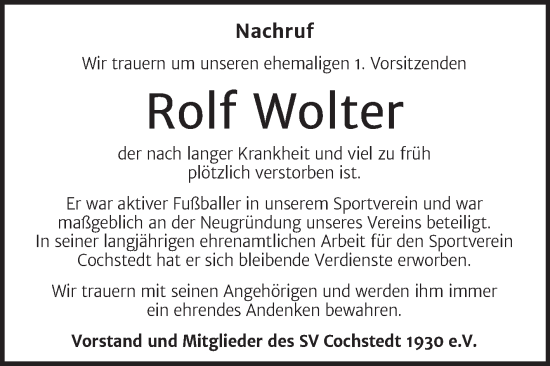 Traueranzeige von Rolf Wolter von Mitteldeutsche Zeitung Aschersleben