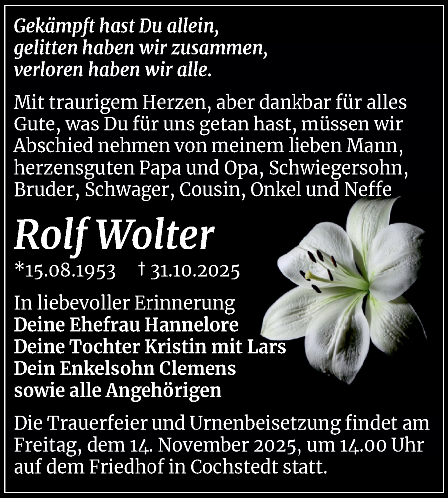  Traueranzeige für Rolf Wolter vom 08.11.2025 aus Trauerkombi Aschersleben