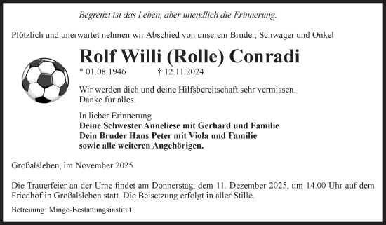 Traueranzeige von Rolf Willi Conradi von Volksstimme Oschersleben/Wanzleben