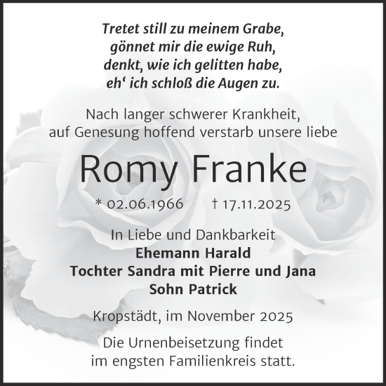 Traueranzeige von Romy Franke von Trauerkombi Wittenberg