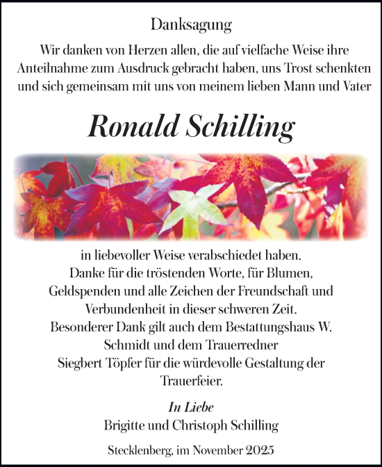Traueranzeige von Ronald Schilling von Trauerkombi Quedlinburg