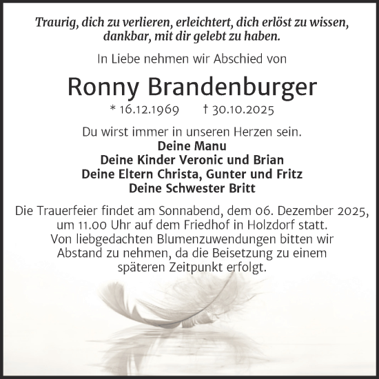 Traueranzeige von Ronny Brandenburger von Trauerkombi Wittenberg