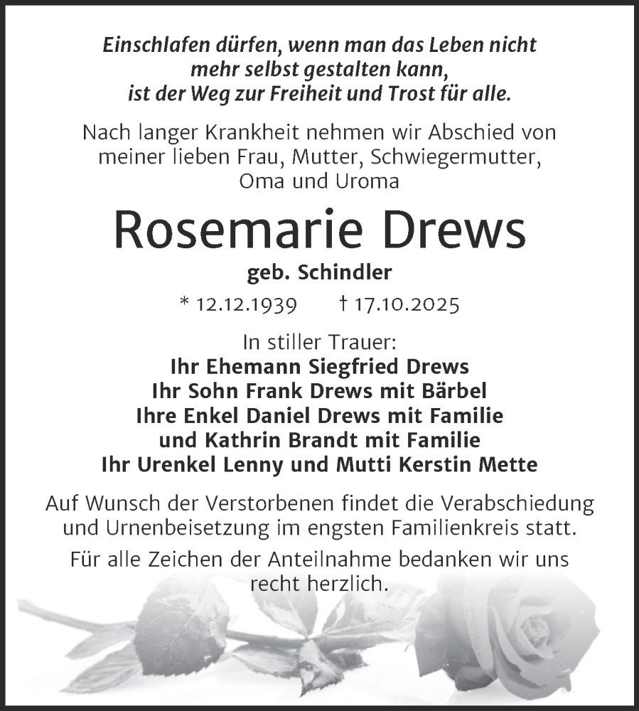  Traueranzeige für Rosemarie Drews vom 01.11.2025 aus Super Sonntag Naumburg/Nebra