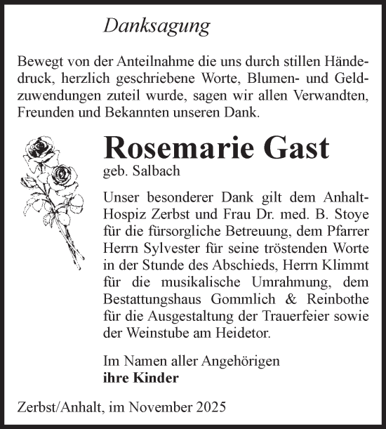 Traueranzeige von Rosemarie Gast von Volksstimme Zerbst