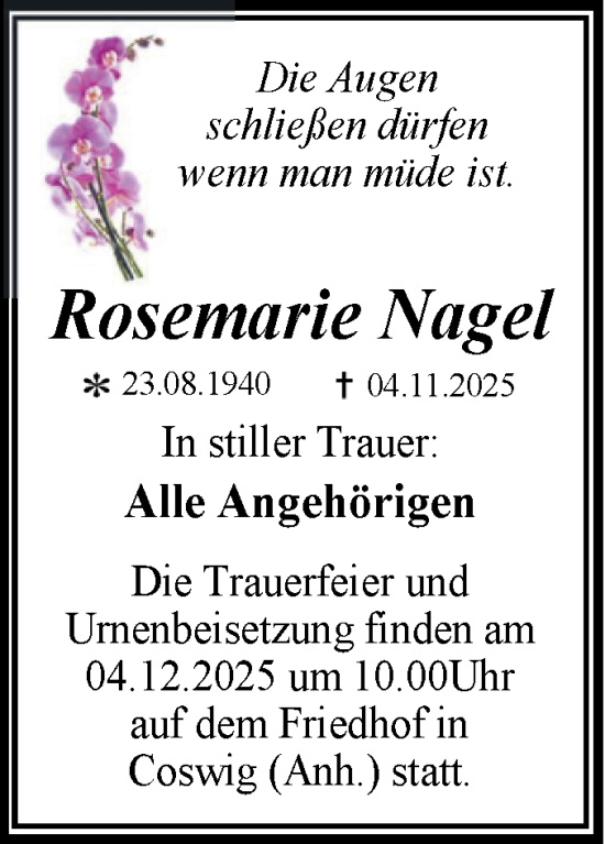Traueranzeige von Rosemarie Nagel von Trauerkombi Wittenberg