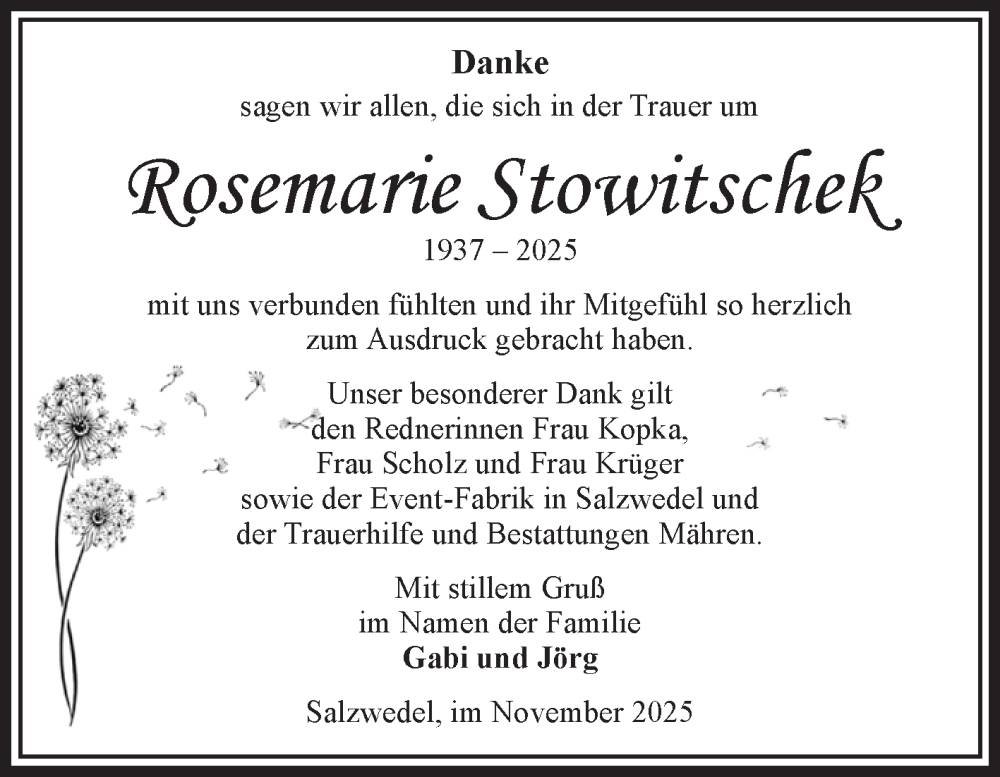  Traueranzeige für Rosemarie Stowitschek vom 21.11.2025 aus Volksstimme Altmark West