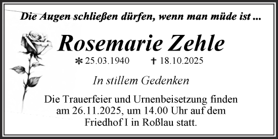 Traueranzeige von Rosemarie Zehle von Trauerkombi Dessau