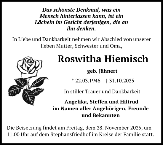 Traueranzeige von Roswitha Hiemisch von Trauerkombi Zeitz