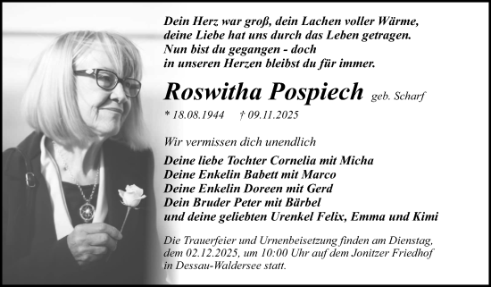 Traueranzeige von Roswitha Pospiech von Trauerkombi Dessau