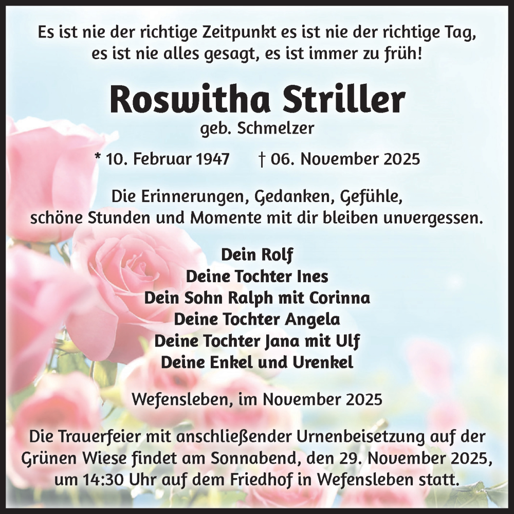  Traueranzeige für Roswitha Striller vom 22.11.2025 aus Volksstimme Oschersleben/Wanzleben