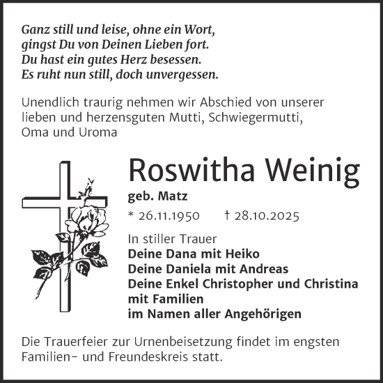 Traueranzeige von Roswitha Weinig von Trauerkombi Merseburg