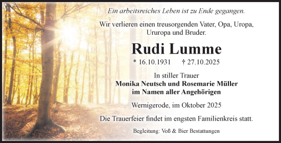 Traueranzeige von Rudi Lumme von Volksstimme Wernigerode