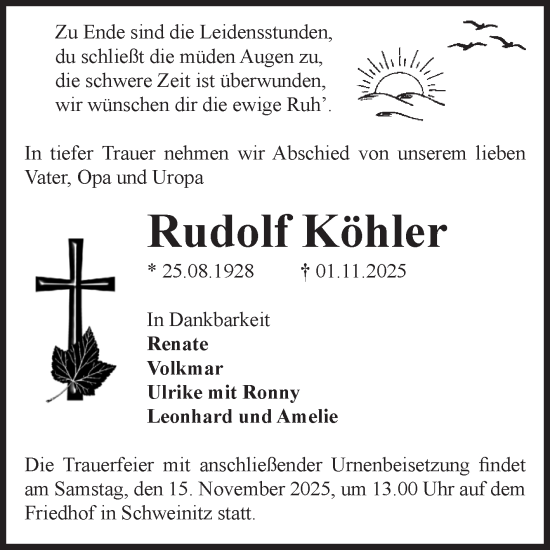 Traueranzeige von Rudolf Köhler von Volksstimme Zerbst