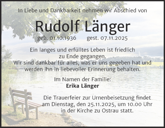 Traueranzeige von Rudolf Länger von Mitteldeutsche Zeitung Halle/Saalkreis