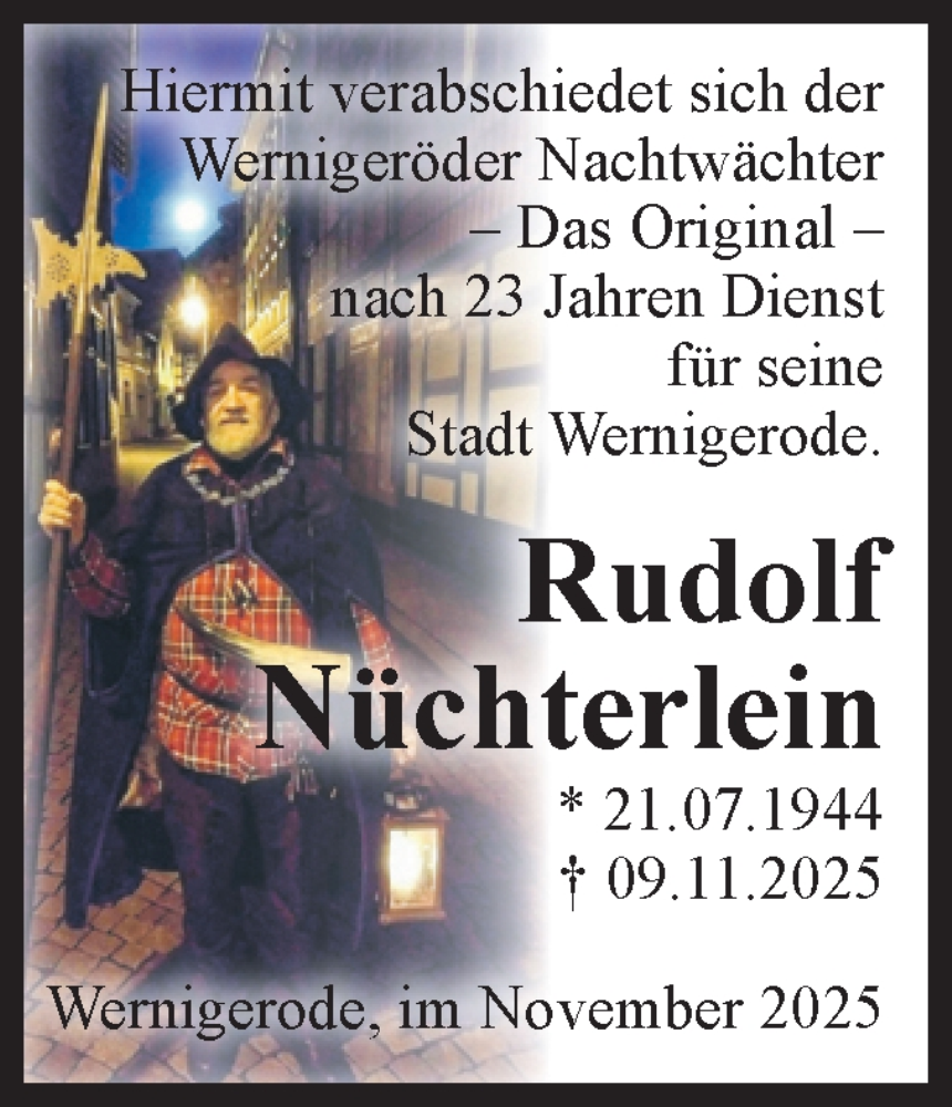  Traueranzeige für Rudolf Nüchterlein vom 22.11.2025 aus Volksstimme Wernigerode