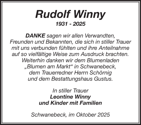 Traueranzeige von Rudolf Winny von Volksstimme Halberstadt