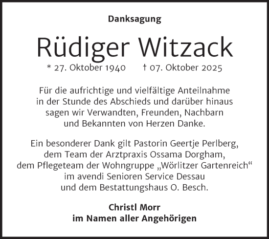 Traueranzeige von Rüdiger Witzack von Trauerkombi Dessau