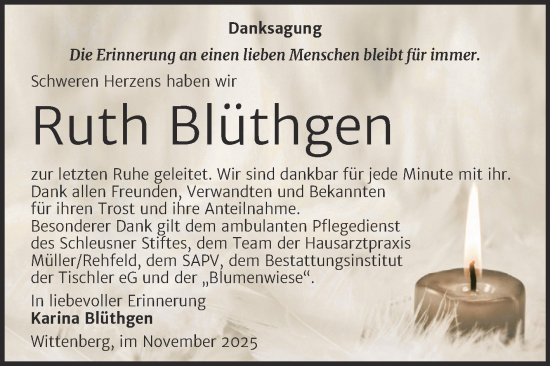 Traueranzeige von Ruth Blüthgen von Trauerkombi Wittenberg