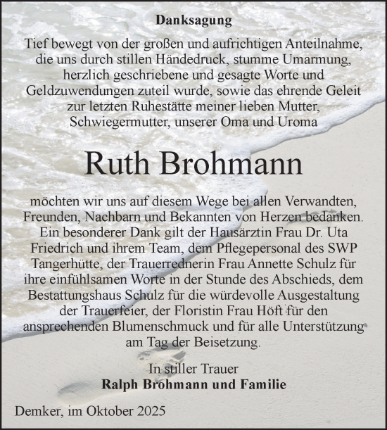 Traueranzeige von Ruth Brohmann von Volksstimme Altmark Ost
