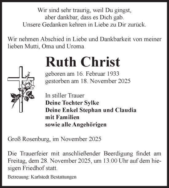 Traueranzeige von Ruth Christ von Volksstimme Schönebeck