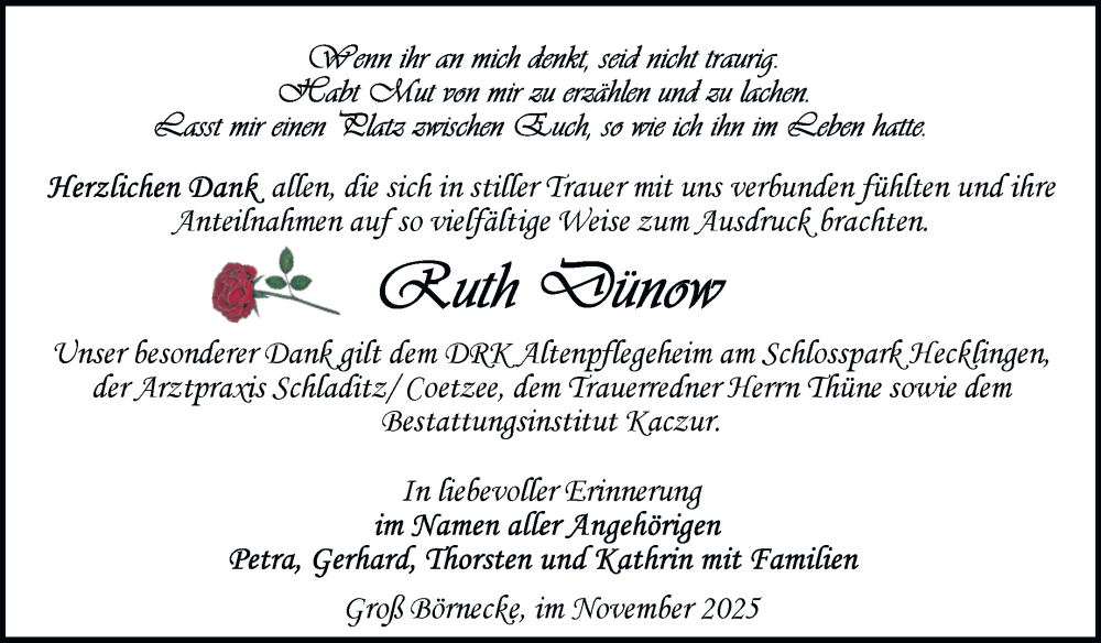 Traueranzeige für Ruth Dünow vom 22.11.2025 aus Volksstimme Staßfurt
