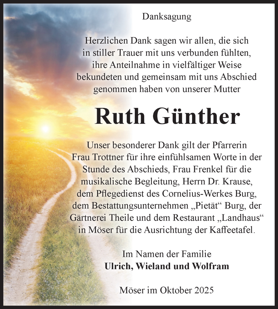  Traueranzeige für Ruth Günther vom 01.11.2025 aus Volksstimme Burg/Genthin