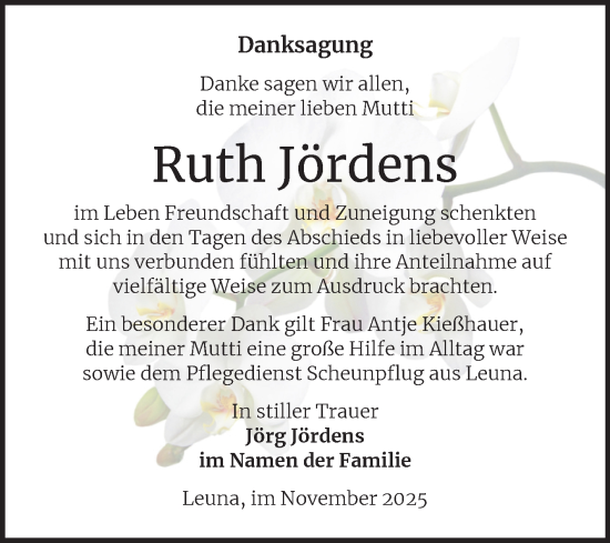 Traueranzeige von Ruth Jördens von Trauerkombi Merseburg