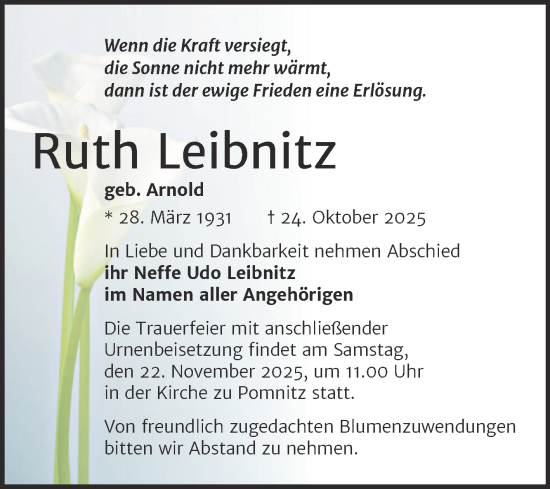 Traueranzeige von Ruth Leibnitz von Super Sonntag Naumburg/Nebra