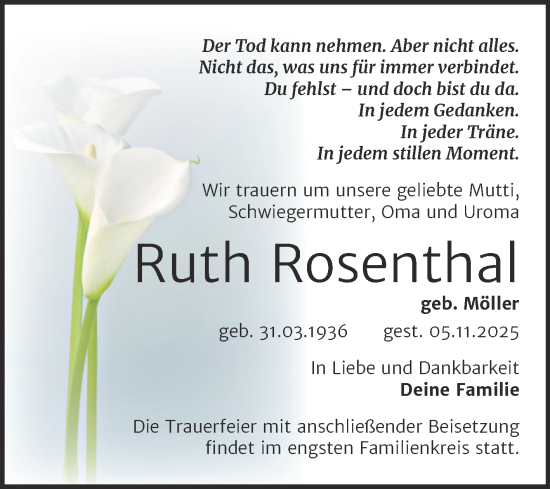 Traueranzeige von Ruth Rosenthal von Trauerkombi Wittenberg