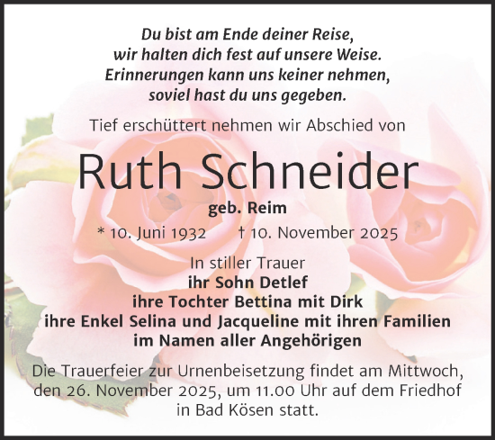 Traueranzeige von Ruth Schneider von Super Sonntag Naumburg/Nebra