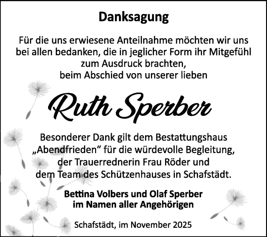 Traueranzeige von Ruth Sperber von Trauerkombi Merseburg