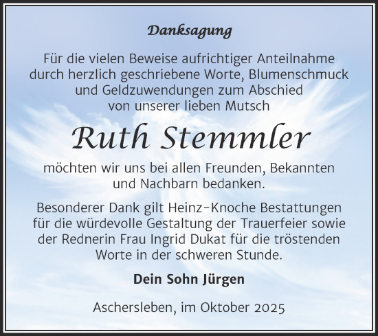 Traueranzeige von Ruth Stemmler von Trauerkombi Aschersleben