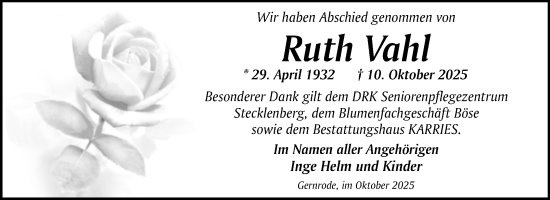 Traueranzeige von Ruth Vahl von Trauerkombi Quedlinburg