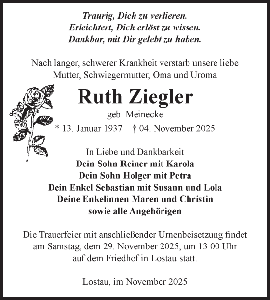 Traueranzeige von Ruth Ziegler von Volksstimme Burg/Genthin