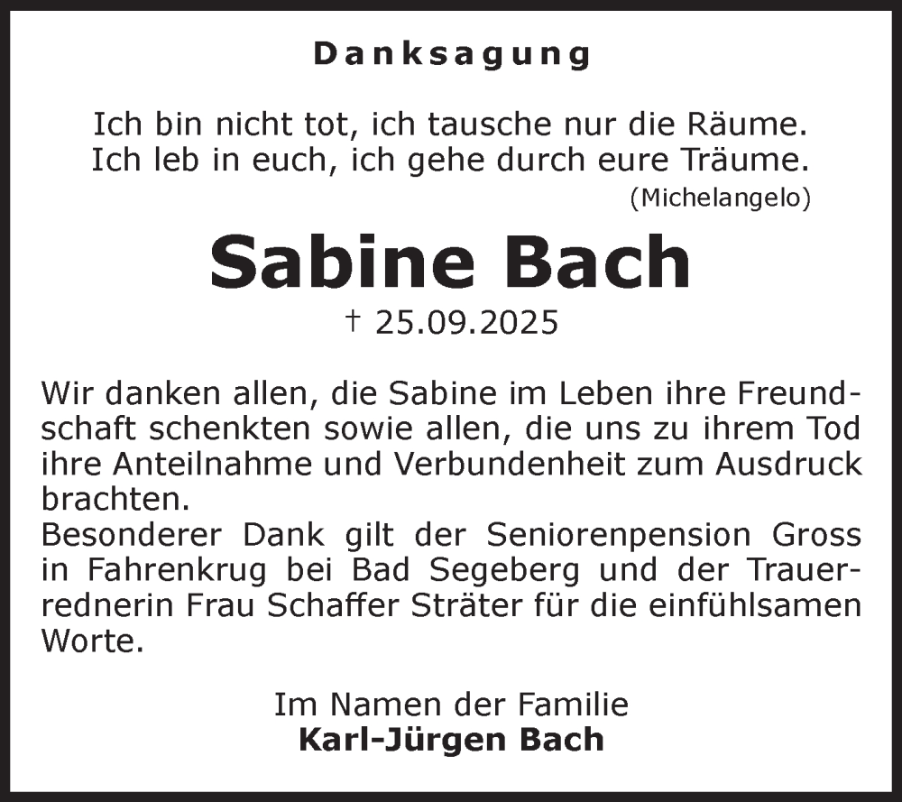  Traueranzeige für Sabine Bach vom 08.11.2025 aus Volksstimme Altmark Ost
