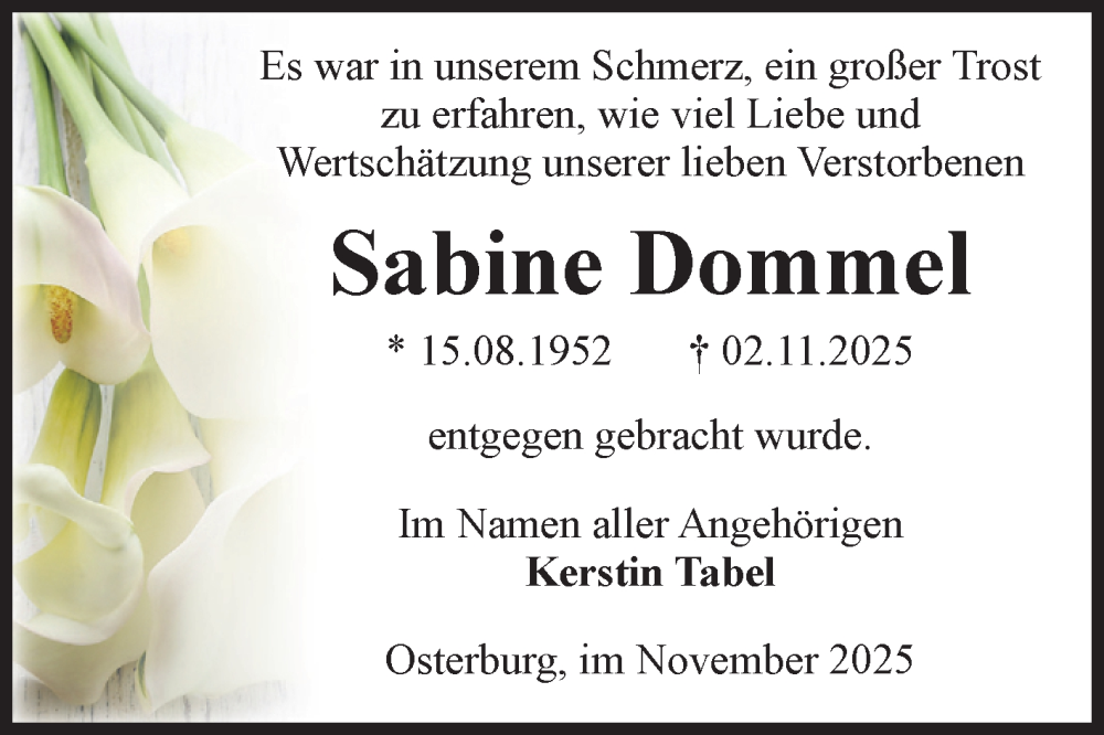  Traueranzeige für Sabine Dommel vom 08.11.2025 aus Volksstimme Altmark Ost