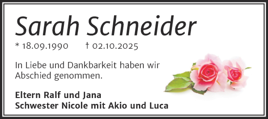 Traueranzeige von Sarah Schneider von Trauerkombi Merseburg