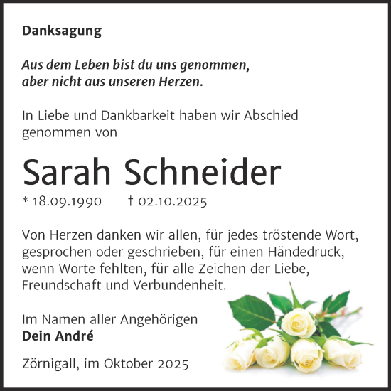 Traueranzeige von Sarah Schneider von Trauerkombi Wittenberg