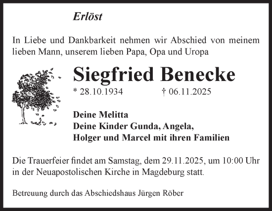 Traueranzeige von Siegfried Benecke von Volksstimme Magdeburg