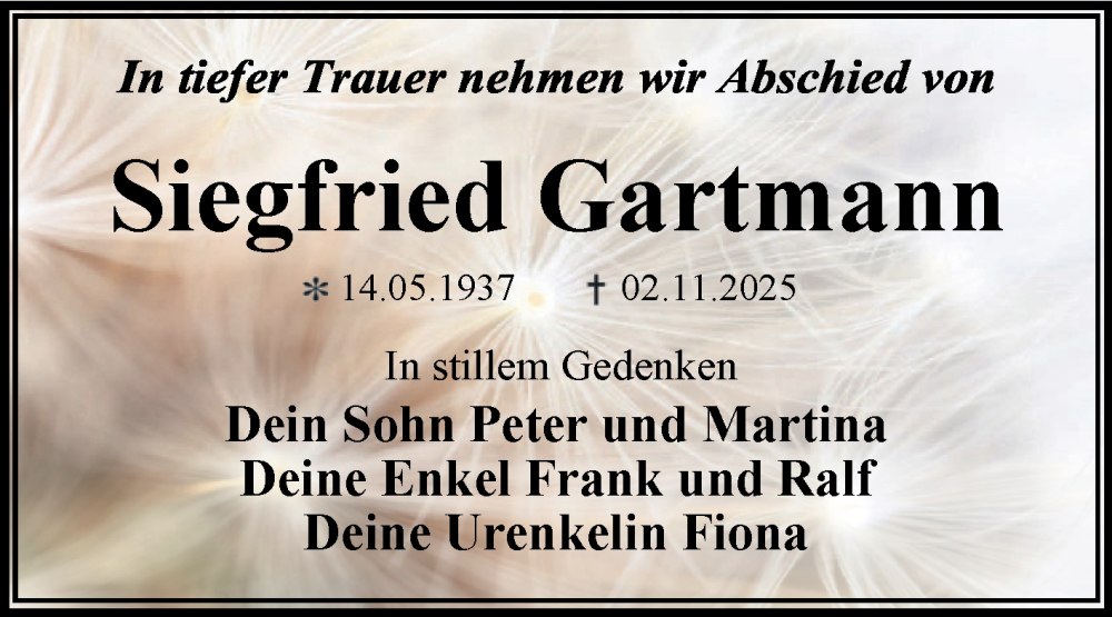  Traueranzeige für Siegfried Gartmann vom 22.11.2025 aus Trauerkombi Wittenberg