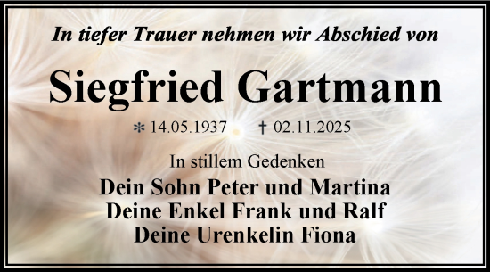 Traueranzeige von Siegfried Gartmann von Trauerkombi Wittenberg