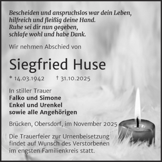 Traueranzeige von Siegfried Huse von Trauerkombi Sangerhausen