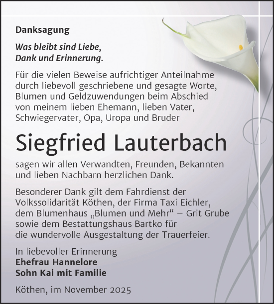 Traueranzeige von Siegfried Lauterbach von Trauerkombi Köthen
