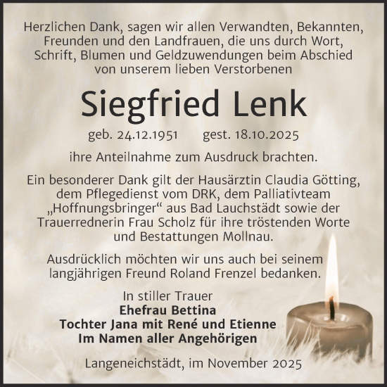 Traueranzeige von Siegfried Lenk von Trauerkombi Merseburg