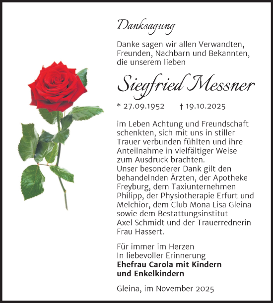 Traueranzeige von Siegfried Messner von Super Sonntag Naumburg/Nebra