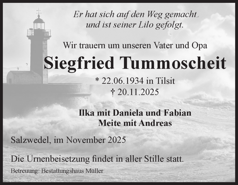  Traueranzeige für Siegfried Tummoscheit vom 22.11.2025 aus Volksstimme Altmark West