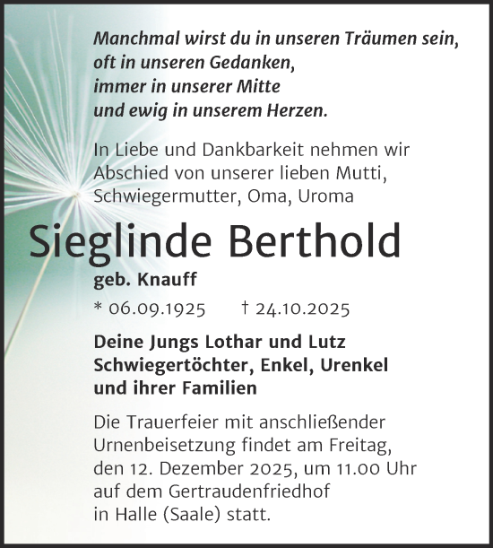 Traueranzeige von Sieglinde Berthold von Mitteldeutsche Zeitung Halle/Saalkreis
