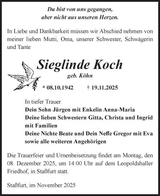 Traueranzeige von Sieglinde Koch von Volksstimme Staßfurt