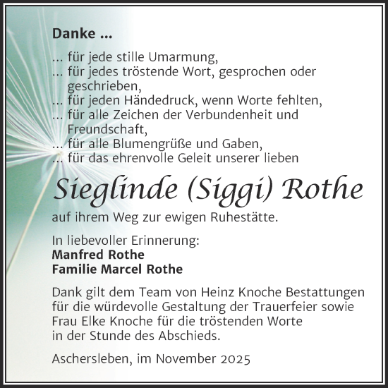 Traueranzeige von Sieglinde Rothe von Trauerkombi Aschersleben